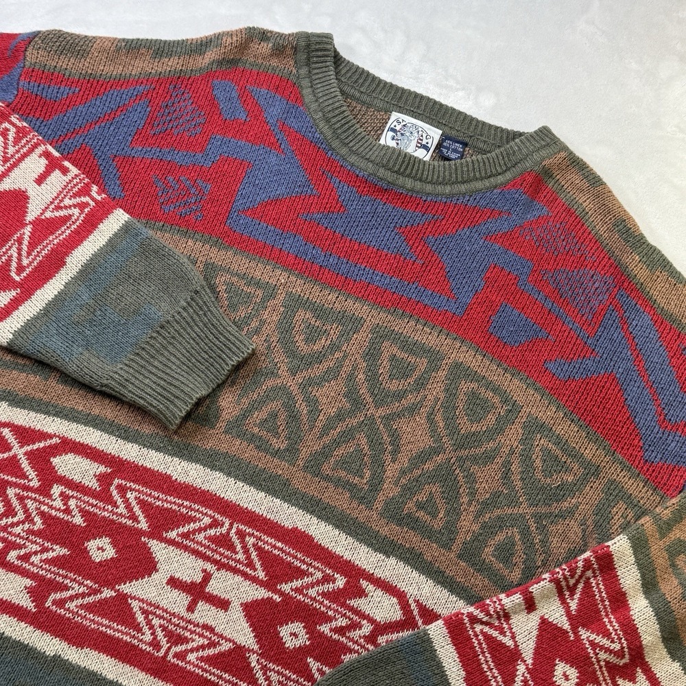 Vintage GANT Salty Dog Sweater Large Southwestern Aztec Linen Cotton 90s Tribal